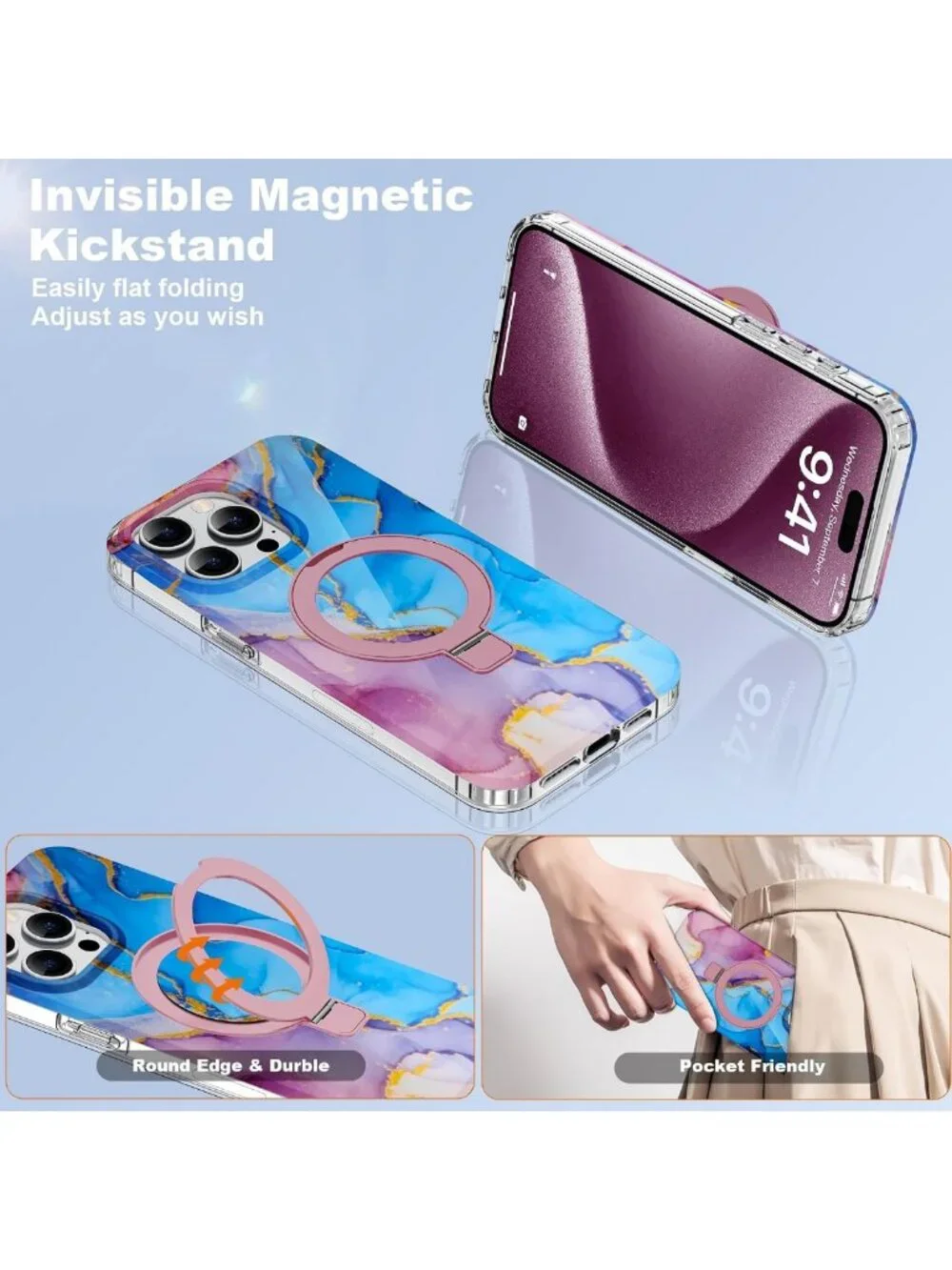 Marble Pattern iPhone 13 Pro Max Case with Magnetic Ring Stand - TPU, Mag-Safe